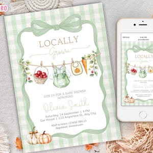 Locally Grown Baby Shower Invitation, Farmers Market Baby Shower Invitation Locally Grown Invite Home Grown Printable Gingham little pumpkin