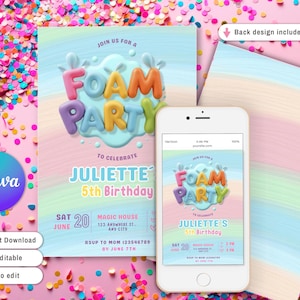 Invitación a fiesta de espuma, plantilla digital de invitación a fiesta de espuma, tarjeta de cumpleaños de burbujas, descarga instantánea CUALQUIER EDAD Fiesta en la piscina Fiesta de verano en el parque acuático