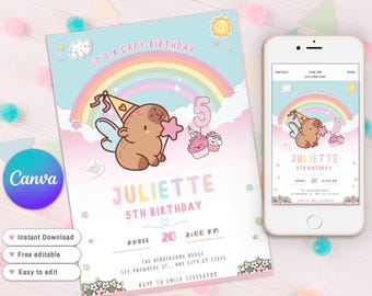 Capybara Birthday Invitation, cute pink Capy Birthday, Digital Download, digital rainbow Birthday girl invite, birthday capybara fairy theme