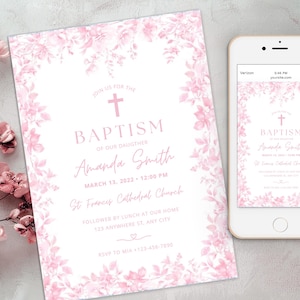 Pink Toile de Jouy Baptism Invitation, Vintage Dusty pink Christening Botanical invite, Chinoiserie Blush Floral, Victorian French Toile