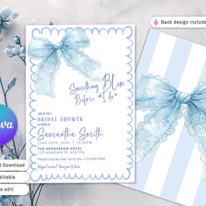 Something Blue Before I Do Bridal Shower Blue Bow Invitation,  Elegant Bridal Party Bow Bridal Invite Pretty Blue Ribbon Canva Template