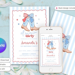 Puede incluir: Dise&ntilde;o de invitaci&oacute;n para una fiesta de 1er cumplea&ntilde;os con botas de vaquero con un lazo rojo, blanco y azul. Incluye el texto "all american Girly" y el nombre "Amanda's". Un smartphone muestra la invitaci&oacute;n. Fondo a rayas azules y blancas.