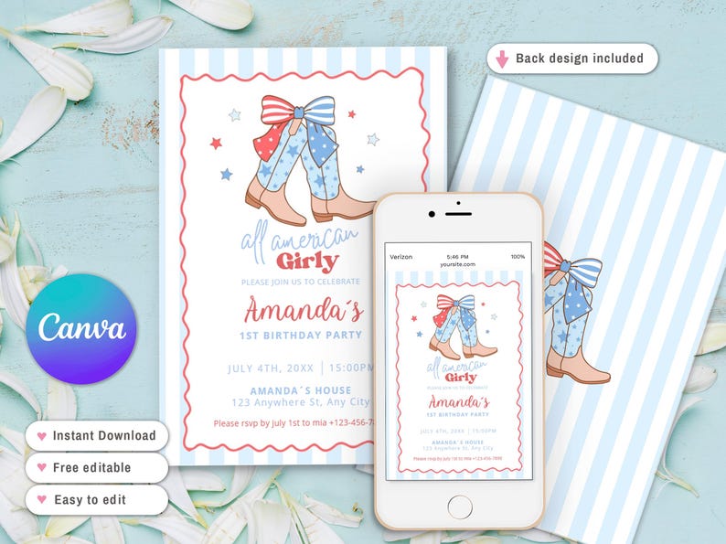 Puede incluir: Dise&ntilde;o de invitaci&oacute;n para una fiesta de 1er cumplea&ntilde;os con botas de vaquero con un lazo rojo, blanco y azul. Incluye el texto "all american Girly" y el nombre "Amanda's". Un smartphone muestra la invitaci&oacute;n. Fondo a rayas azules y blancas.