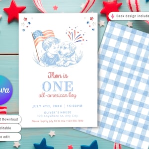 One All American Boy Birthday Invitation, All American Boy invite, All American First Birthday Patriotic 4th july, Fourth of july hand drawn