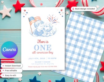 Convite de aniversário para um menino tipicamente americano, convite para um menino tipicamente americano, primeiro aniversário patriótico de 4 de julho, desenho à mão para o Dia da Independência.