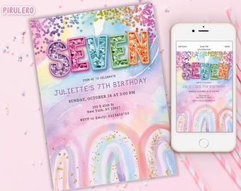 Rainbow 7th Birthday Invitation: Glitter Sequins, Editable Template (Digital Download)