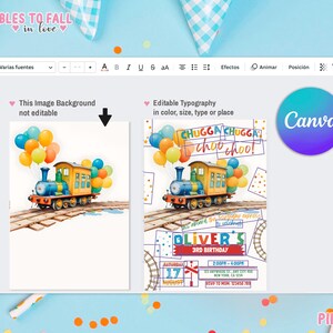 May include: A printable invitation for a 3rd birthday party with a train theme. The invitation features a cartoon train with colorful balloons, the text "CHUGGA CHUGGA choo choo!" and the words "Oliver's 3rd Birthday".