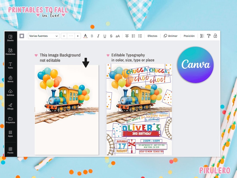 May include: A printable invitation for a 3rd birthday party with a train theme. The invitation features a cartoon train with colorful balloons, the text "CHUGGA CHUGGA choo choo!" and the words "Oliver's 3rd Birthday".
