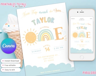 First Trip Around The Sun Birthday Invitation, Sunshine Rainbow Invite, neutral Sun First Birthday boy, Editable canva Template sun party