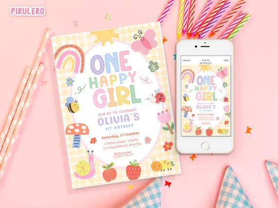 One happy girl Birthday Invitation Template, Fun to be One Editable Whimsical 1st Birthday Theme Party Invite, instant Download OHGG1