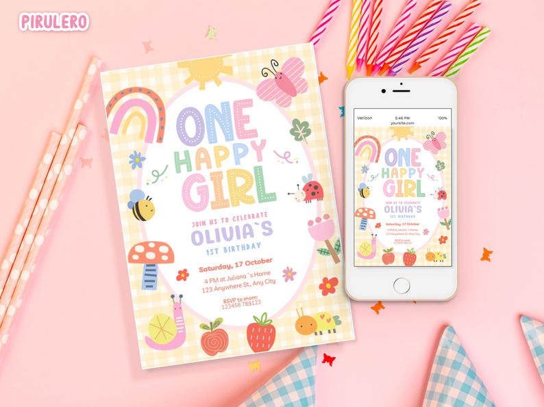 May include: A colorful birthday invitation and a smartphone displaying the same design. The invitation features the text "ONE HAPPY GIRL" with illustrations of a rainbow, butterfly, bee, and other whimsical elements. Candles are in the background.