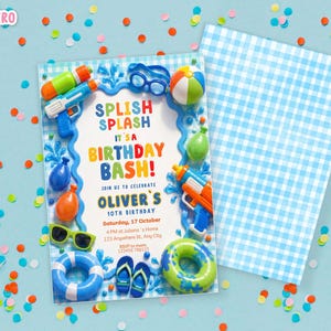 May include: A birthday party invitation with a blue and white gingham pattern. The invitation features the text "SPLISH SPLASH IT'S A BIRTHDAY BASH!" with water guns, sunglasses, and a beach ball. Confetti is scattered around.