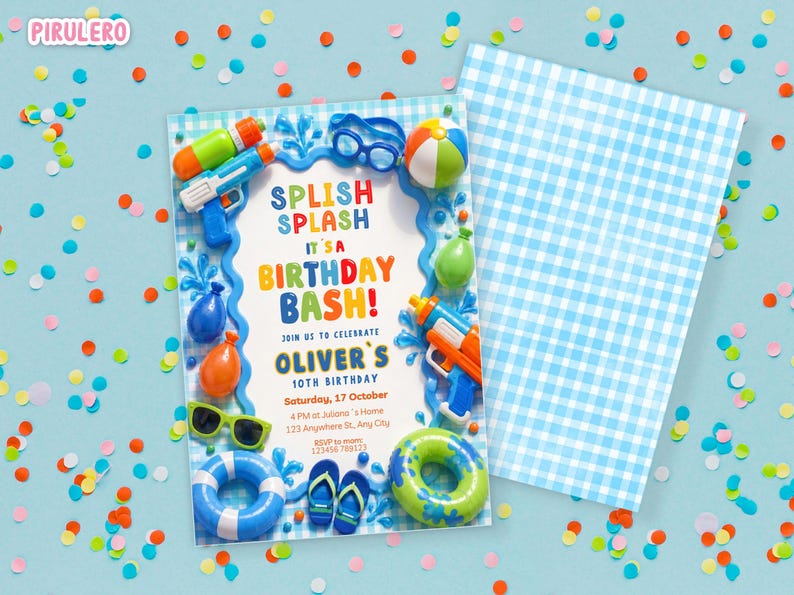 May include: A birthday party invitation with a blue and white gingham pattern. The invitation features the text "SPLISH SPLASH IT'S A BIRTHDAY BASH!" with water guns, sunglasses, and a beach ball. Confetti is scattered around.