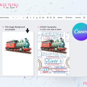 May include: A printable invitation for a child's birthday party. The invitation features a watercolor illustration of a train with the text "CHUGGA CHUGGA Choo Choo!" and "All aboard the Birthday Express to celebrate Oliver's 3rd Birthday".