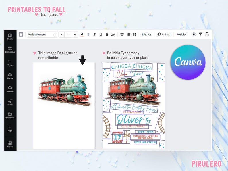 May include: A printable invitation for a child's birthday party. The invitation features a watercolor illustration of a train with the text "CHUGGA CHUGGA Choo Choo!" and "All aboard the Birthday Express to celebrate Oliver's 3rd Birthday".