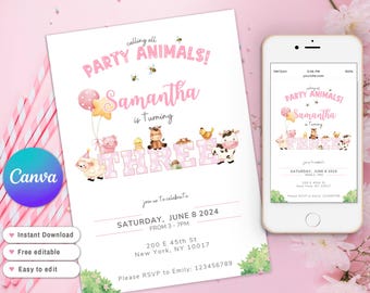 Girl Farm Birthday Invitation, Editable Farm Animals Birthday Invite, girl's third birthday, Floral Barnyard, pink three, Girl 3rd birthday