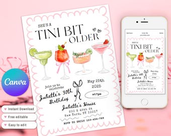 A Tini Bit Older Martini Birthday Invite Tini Bit Older Dirty Thirty Cocktails, Coquette Pink Bow Espresso Martini invitation Canva Template