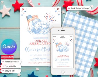 Convite de aniversário patriótico para menino americano, editável em vermelho, branco e azul, festa nos EUA, aniversário americano de 4 de julho, desenhado à mão