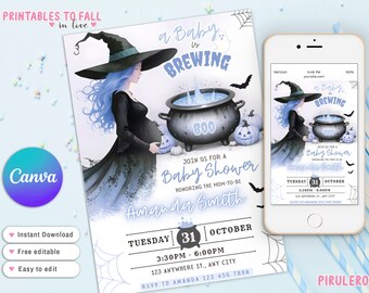 Editable A Baby is Brewing boy Halloween, boy Halloween Baby Shower Invite, blue Baby Shower Invitation, Witch Baby Shower canva template