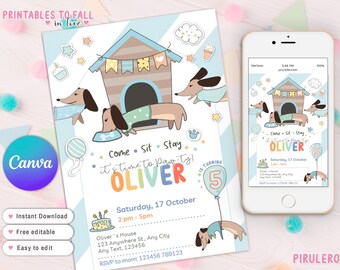 Peut inclure: Une invitation d'anniversaire imprimable avec un chien de dessin animé dans un chenil. L'invitation est bleue et blanche avec du texte coloré qui dit "Come. Sit. Stay. It's time to paw-ty! Oliver is turning 5." L'invitation comprend également la date et l'heure de la fête, ainsi que l'adresse et les informations RSVP.