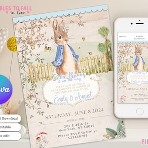 Invitación editable para baby shower de Peter Rabbit, invitación rústica de acuarela de conejo, fiesta de Blue Boy, acuarela de conejo rústico, baby shower de bosque