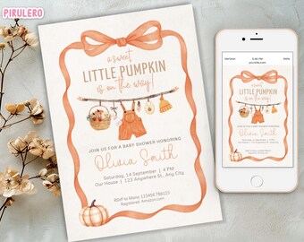 Fall Pumpkin Baby Shower Invitation, Coquette Bow Little Pumpkin On The Way