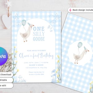 One Silly Goose Birthday Invitation Template, Editable Boy 1st Birthday Blue Printable and digital Invite, Goose First Birthday template