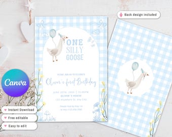 Silly Goose 1st Birthday Invitation, Blue Gingham (canva template)