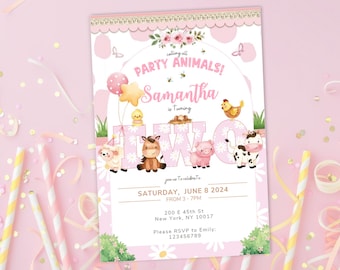 Editable pink Farm Birthday Invitation, Farm Animals Birthday Invite, Girl 2nd birthday, Two Girl Farm, Floral Barnyard Animals, pink farm