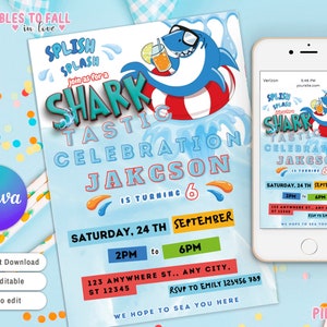 Shark Pool party, Shark float water slide Party Invite, summer Invitation, DIY Summer Party Splish Splash Invite Swim Party Shark