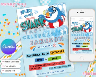 May include: A blue and red shark birthday party invitation with the text "Splish Splash Join as for a Shark Tastic Celebration Jackson is turning 6" and the date "Saturday, 24th September 2PM to 6PM". The invitation includes an illustration of a shark wearing sunglasses and a life preserver.