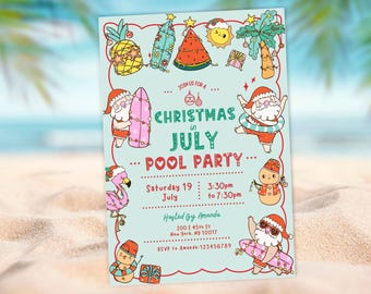 Uitnodiging kerstfeest in juli, poolparty zomer kerstuitnodiging, kerst zomerfeest, sjabloon zomer kerstman zwembad strandfeest