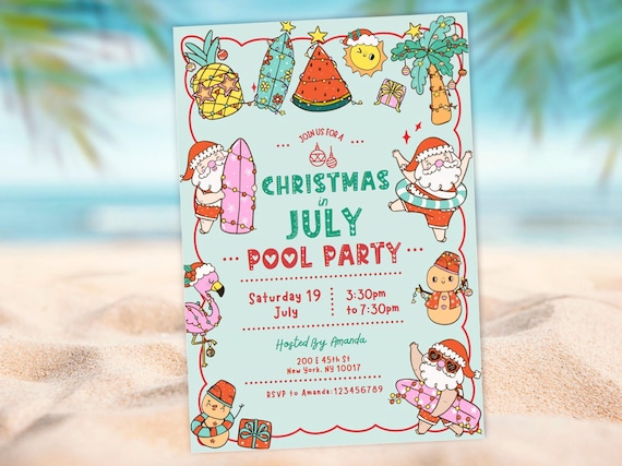 Christmas in July Party Invitation, pool party summer Christmas Invite, Christmas Summer Party, Summer Santa Pool Beach Party Template