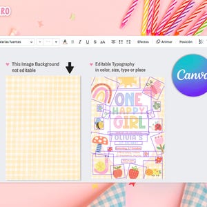 May include: A digital design interface featuring a birthday invitation template with the text "ONE HAPPY GIRL". The design includes colorful illustrations of a rainbow, bee, mushroom, and other playful elements. The Canva logo is visible.