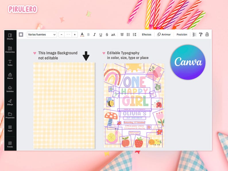 May include: A digital design interface featuring a birthday invitation template with the text "ONE HAPPY GIRL". The design includes colorful illustrations of a rainbow, bee, mushroom, and other playful elements. The Canva logo is visible.
