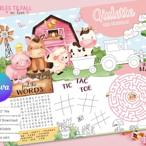 Mädchen auf dem Bauernhof Tiere Aktivität Tischset, druckbare Barnyard Seite Malvorlage druckbares Spiel, Party Tischaktivität Partybevorzugung, canva editierbar