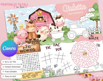 Mantel individual de actividades de animales de granja para niñas, hoja para colorear imprimible de granja, juego imprimible, actividad de mesa para fiesta, Canva editable PF01