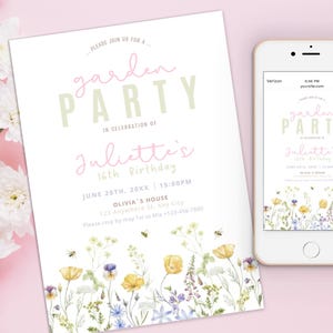 Wildflower birthday invitations spring garden party invite, for any age, 16th, 18th spring floral birthday girl party invitation template