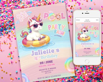 Unicorn Pool Party Birthday Invitation, Editable Girl Splish Splash Pool Party Bash Floaty Invite, splish splash Party Bash Poolside ANY AGE