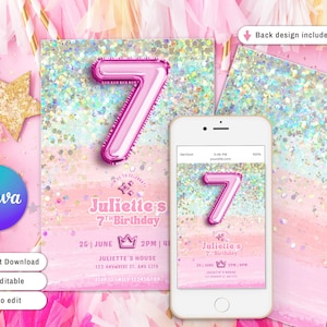 Pink 7th Birthday Invitation, Glitter Birthday Invite, Rainbow Foil Girl, Seventh Birthday, 7th Birthday Party, Rainbow Holographic Glitter