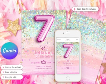 Pink Glitter 7th Birthday Invitation, Rainbow Sequin, Editable Canva Template (Digital Download 5x7 inch)