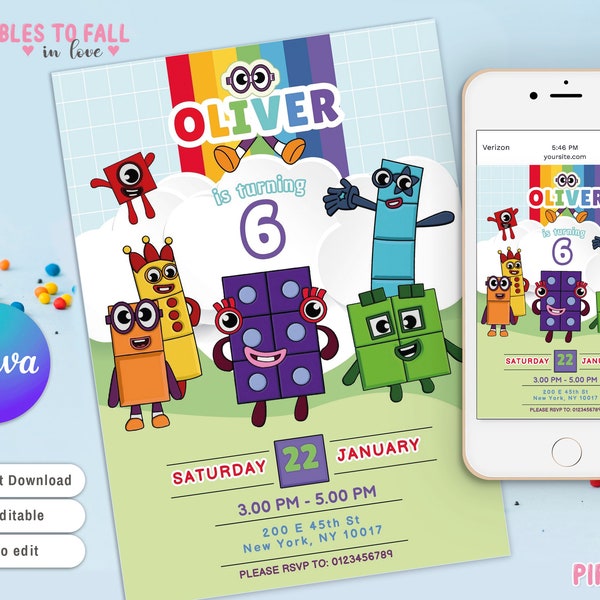 Numberblocks 6th birthday invitation, Number Blocks, Numberblocks Birthday Invitation, Numberblock Invite Instant Download CANVA EDITABLE