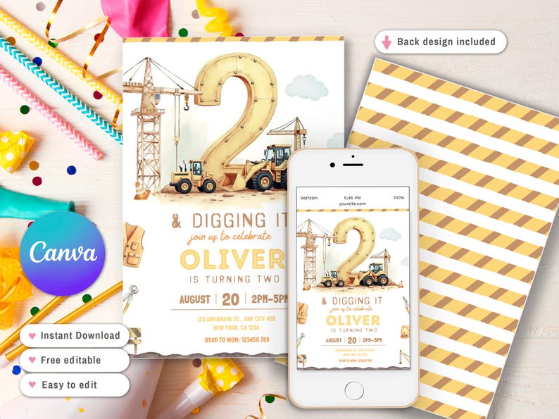 May include: A birthday party invitation featuring a construction theme. The design includes a large number "2" with construction vehicles and the text "& Digging It" and "Oliver is turning two". A smartphone displays the invitation.