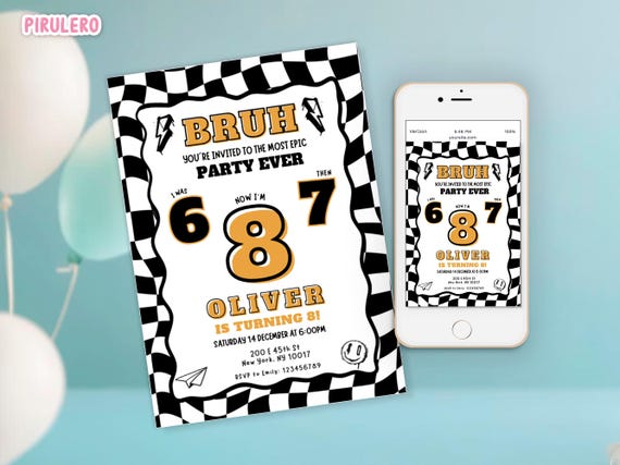 Six Seven 8th Birthday Invitation Gaming Meme, Six Seven Editable Meme Trending 6-7 eight Party Invite, 8th birthday, Boy Retro Checkered