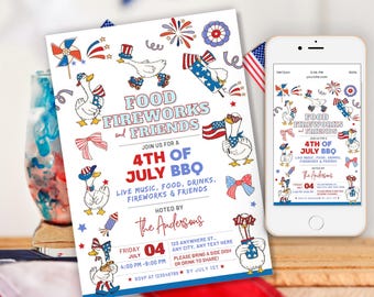 May include: A white invitation with a 4th of July BBQ theme, featuring cartoon geese with patriotic accessories. The invitation includes the text "Food, Fireworks, and Friends" and event details. A smartphone displays the same design.