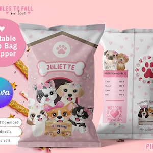 Puede incluir: Envoltorio de bolsa de patatas fritas rosa con ilustraciones de cachorros, flores y corazones. El texto "JULIETTE" se muestra en una pancarta con forma de hueso. El envoltorio incluye el texto "Editable Chip Bag Wrapper" y "IS TURNING 3".