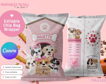 May include: Pink chip bag wrapper with illustrations of puppies, flowers, and hearts. The text "JULIETTE" is displayed on a bone-shaped banner. The wrapper includes the text "Editable Chip Bag Wrapper" and "IS TURNING 3".