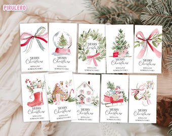May include: A selection of watercolour Christmas cards with festive designs. Each card has the text "MERRY CHRISTMAS" and "WITH LOVE ROBINSON FAMILY". Designs include a snow globe, wreath, Christmas tree, and gift-filled sleigh.
