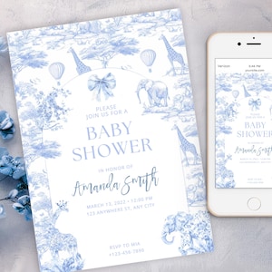 Blue Toile Safari Baby Shower Invitation, Safari Animal Baby Boy Shower Digital Invite, Dusty Blue Safari Toile de Jouy Baby Shower Invite
