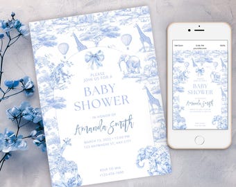 Blue Toile Safari Baby Shower Invitation, Safari Animal Baby Boy Shower Digital Invite, Dusty Blue Safari Toile de Jouy Baby Shower Invite
